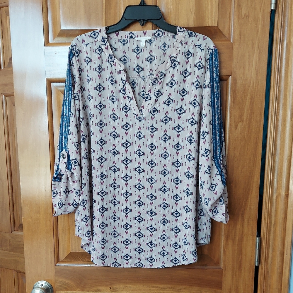 - Maurices Boho Printed Pink Blouse with Navy Trimmed Sleeves, Size XL, Like New